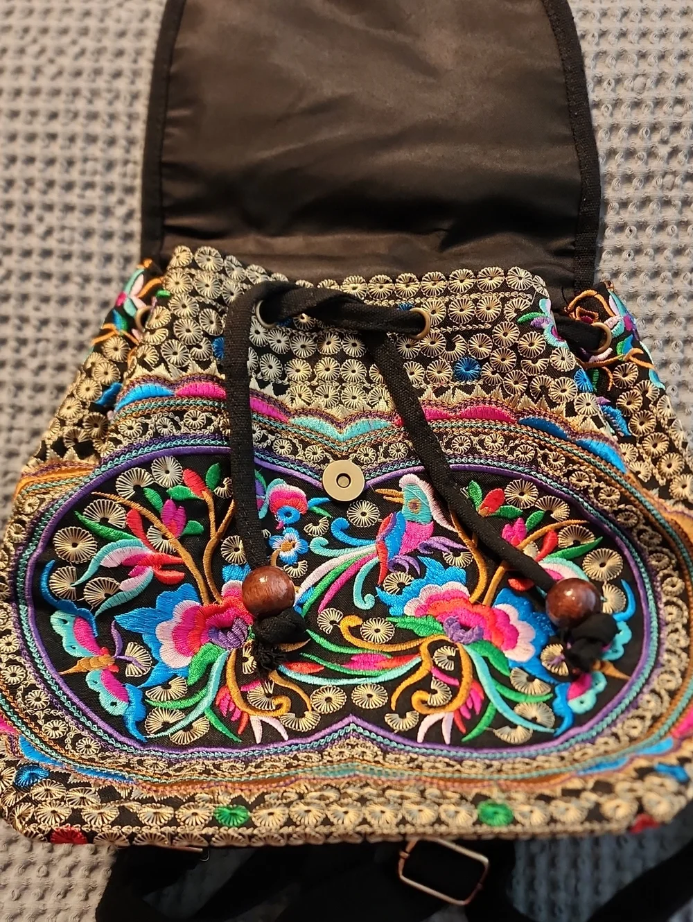 Embroidered Floral Mini Backpack - Black with Multicolor Stitching